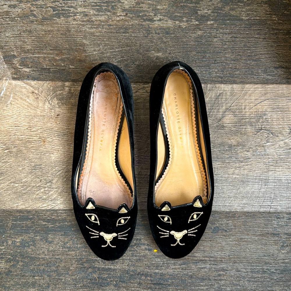 Charlotte Olympia Black kitty cat velvet ballet flats